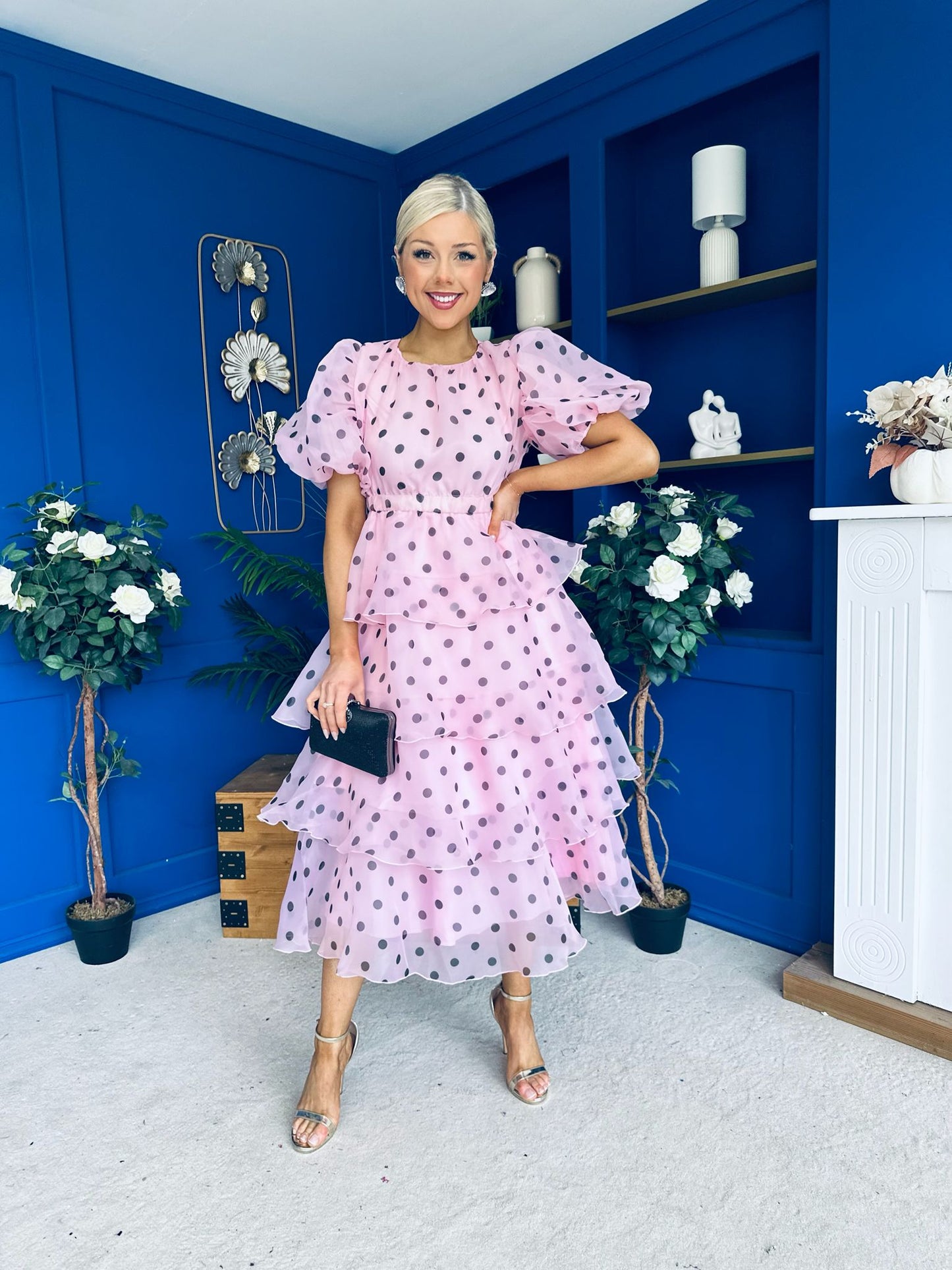Kelsey Puff Sleeve Layered Occasion Polka Pink