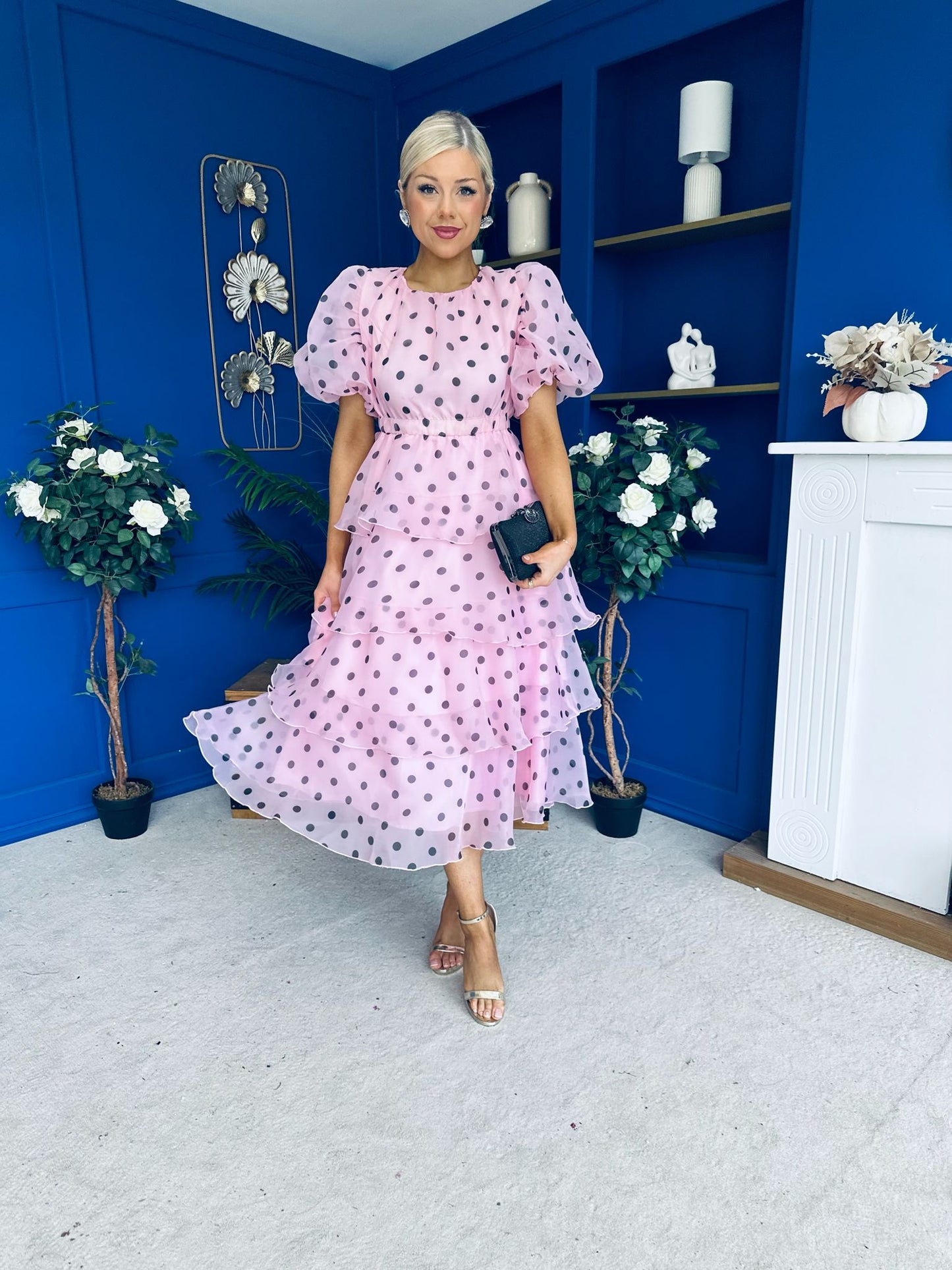 Kelsey Puff Sleeve Layered Occasion Polka Pink