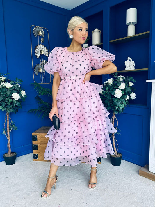 Kelsey Puff Sleeve Layered Occasion Polka Pink