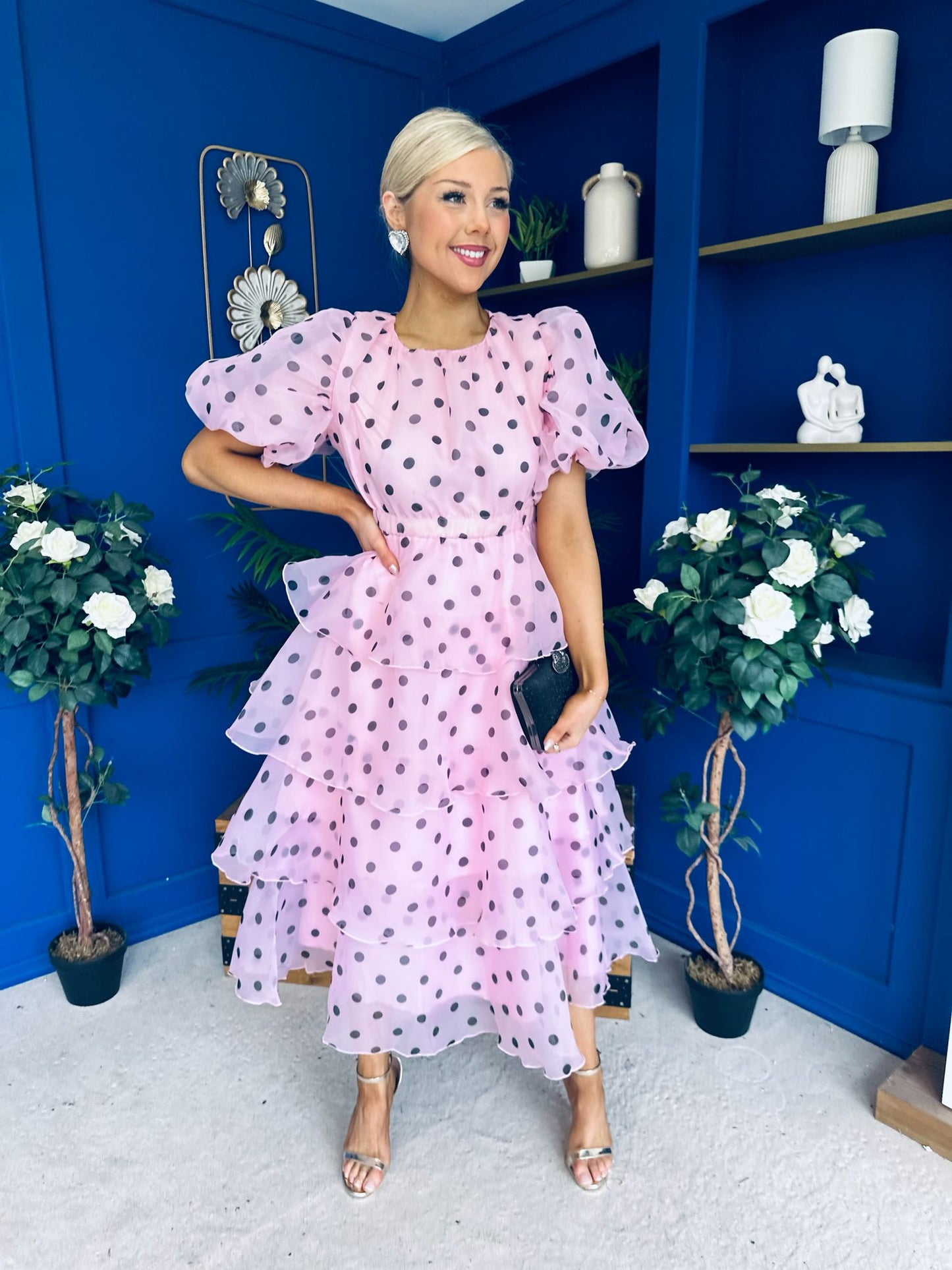 Kelsey Puff Sleeve Layered Occasion Polka Pink