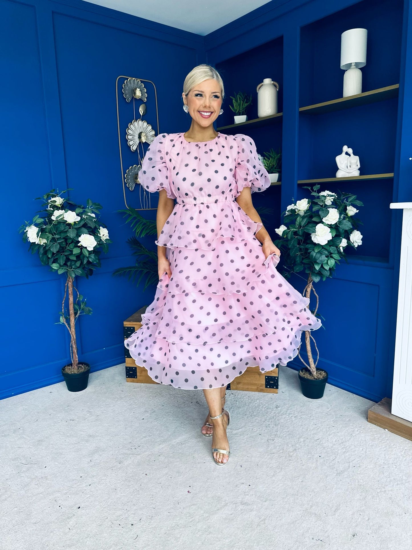 Kelsey Puff Sleeve Layered Occasion Polka Pink