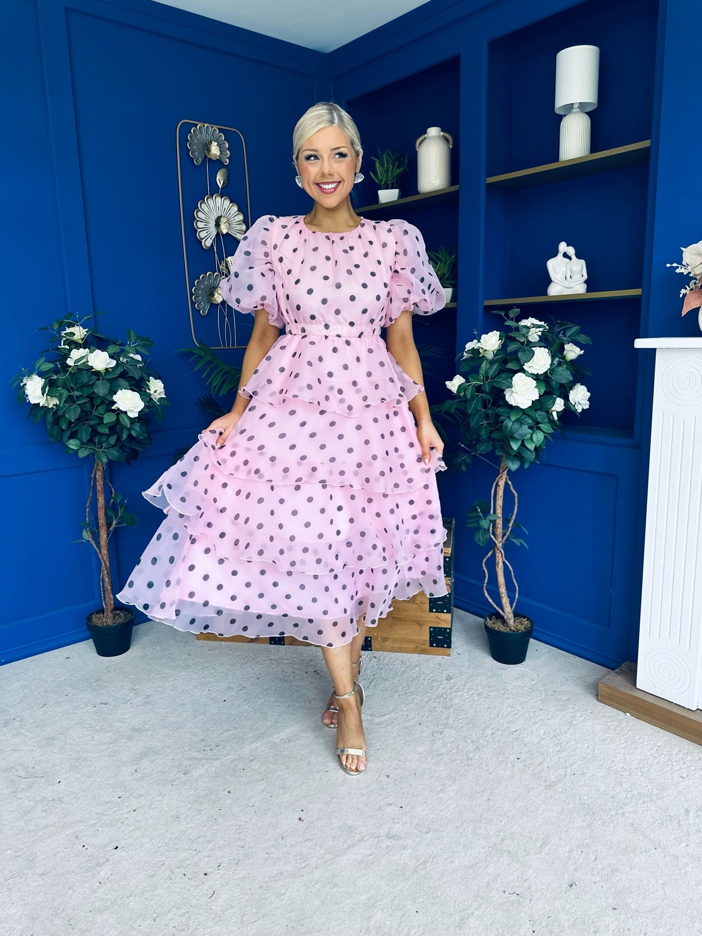 Kelsey Puff Sleeve Layered Occasion Polka Pink