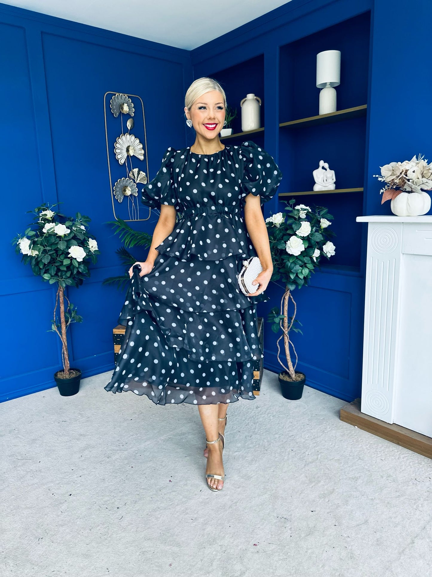 Kelsey Puff Sleeve Layered Occasion Polka Black