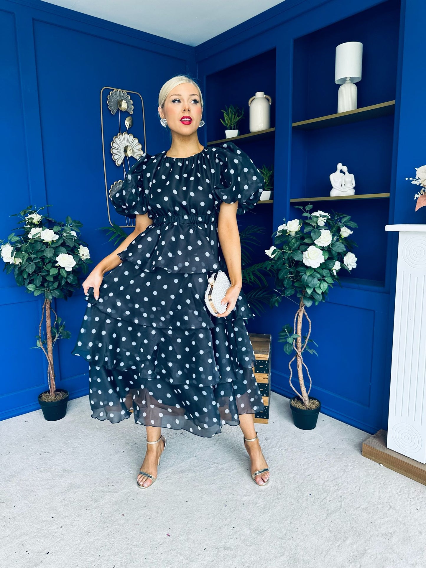 Kelsey Puff Sleeve Layered Occasion Polka Black