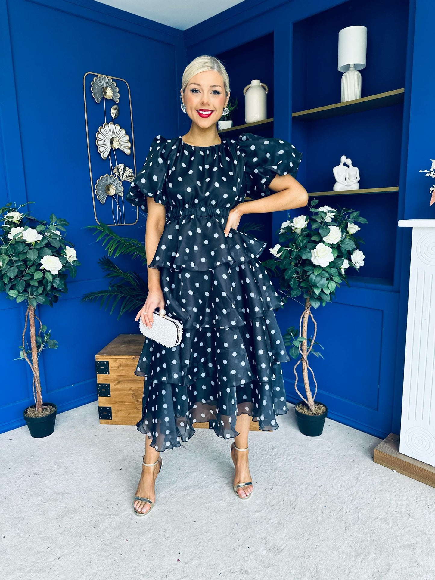 Kelsey Puff Sleeve Layered Occasion Polka Black