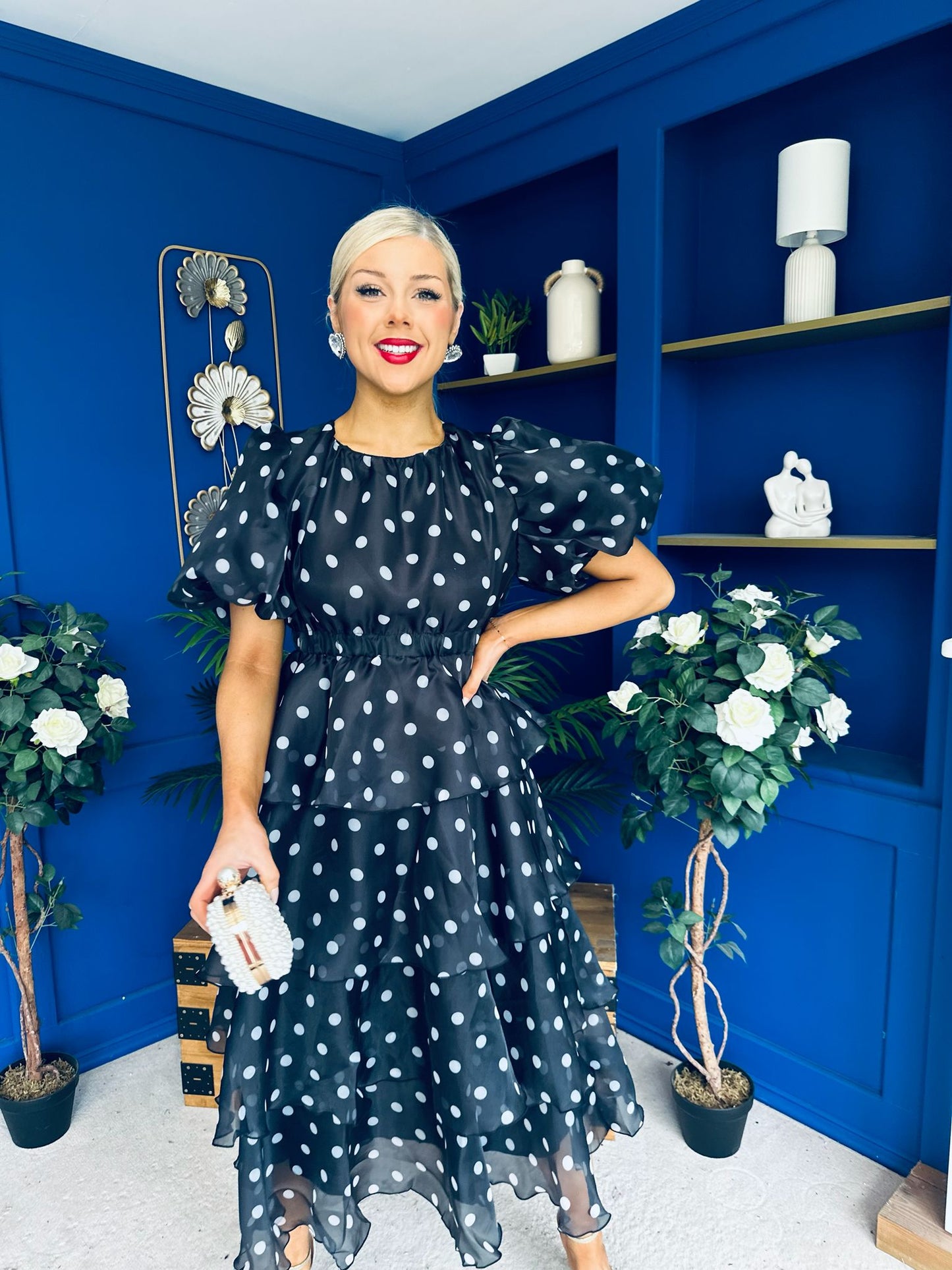 Kelsey Puff Sleeve Layered Occasion Polka Black