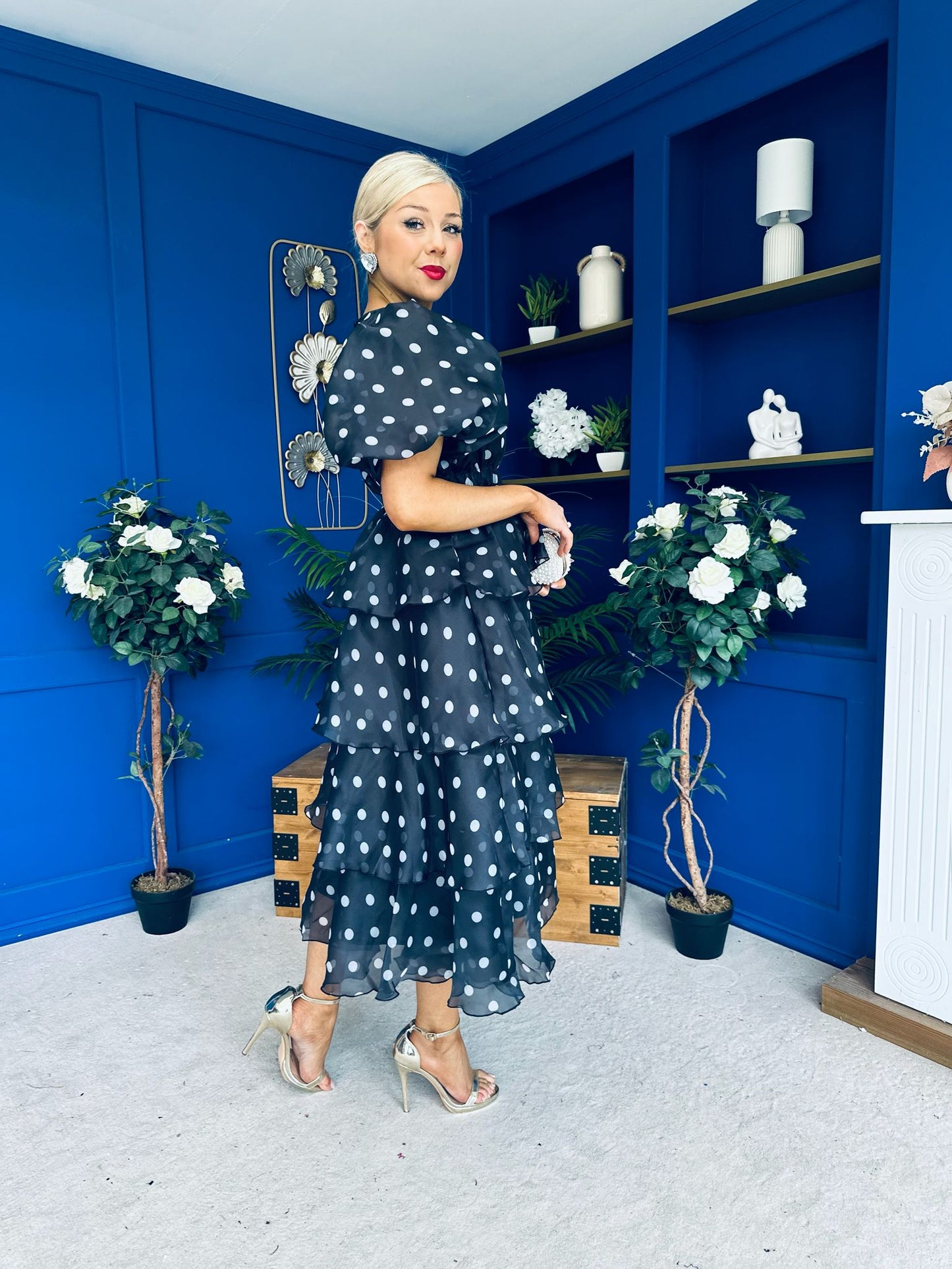 Kelsey Puff Sleeve Layered Occasion Polka Black
