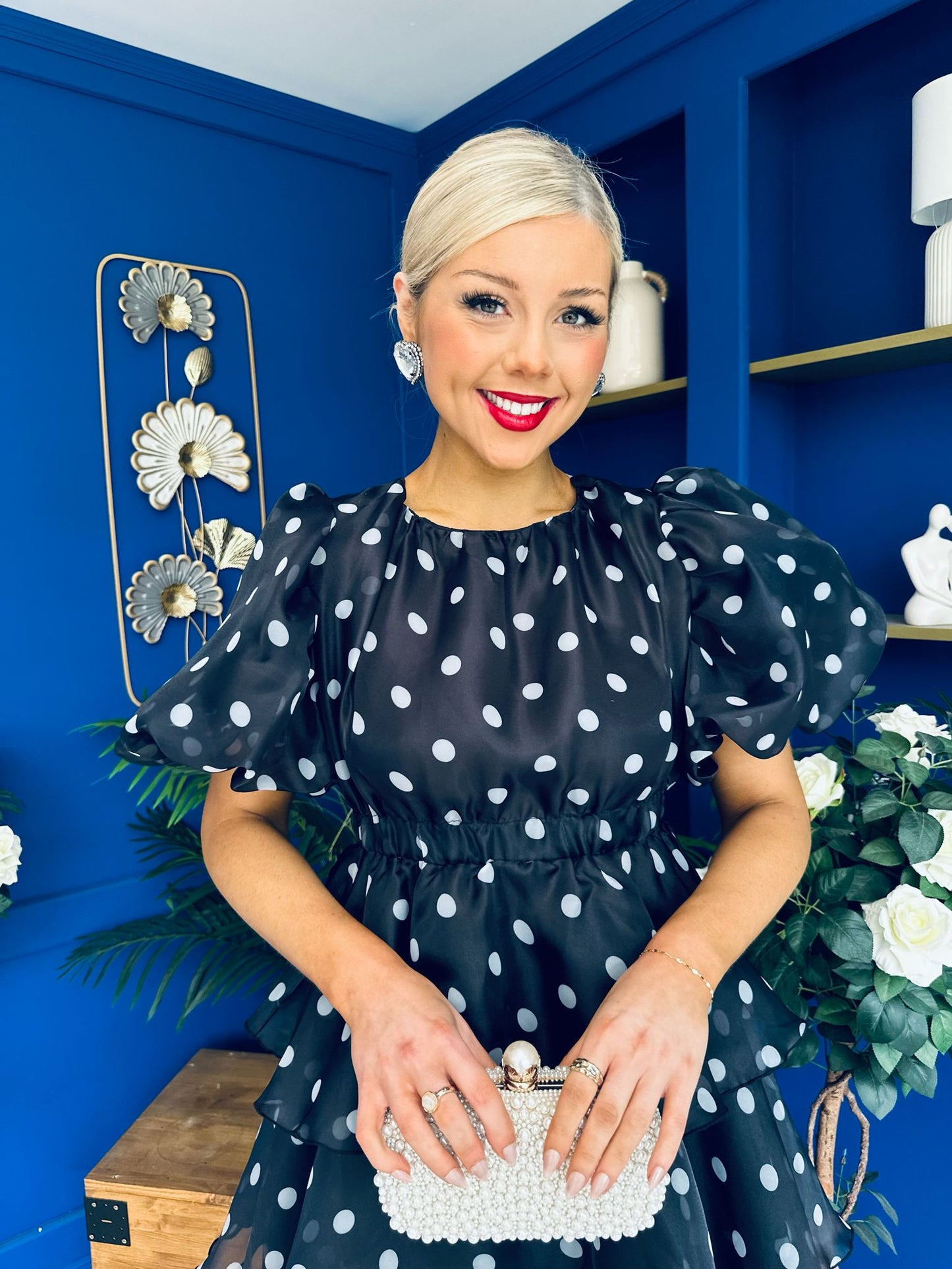 Kelsey Puff Sleeve Layered Occasion Polka Black