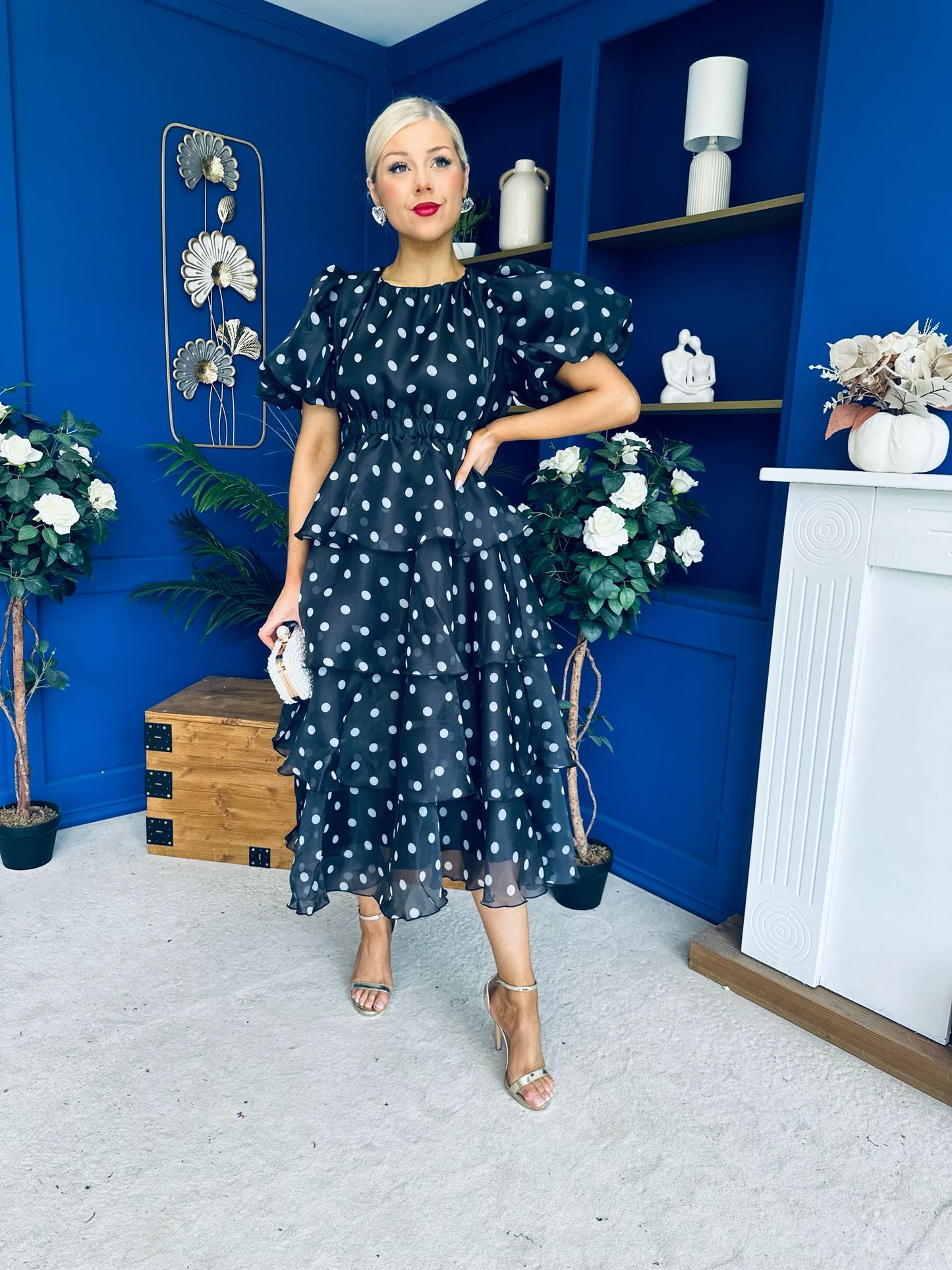 Kelsey Puff Sleeve Layered Occasion Polka Black