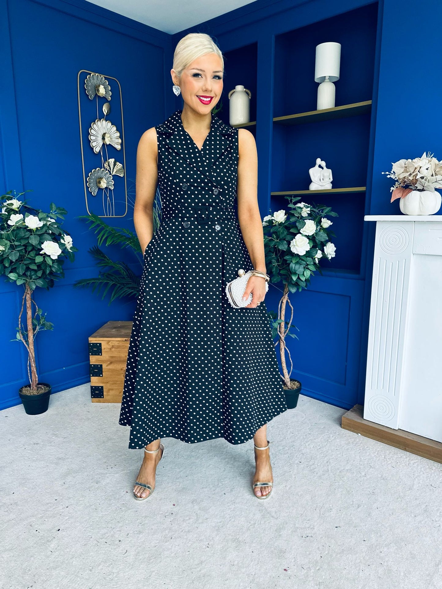 Berkley Belted Midi Dress Polka Black