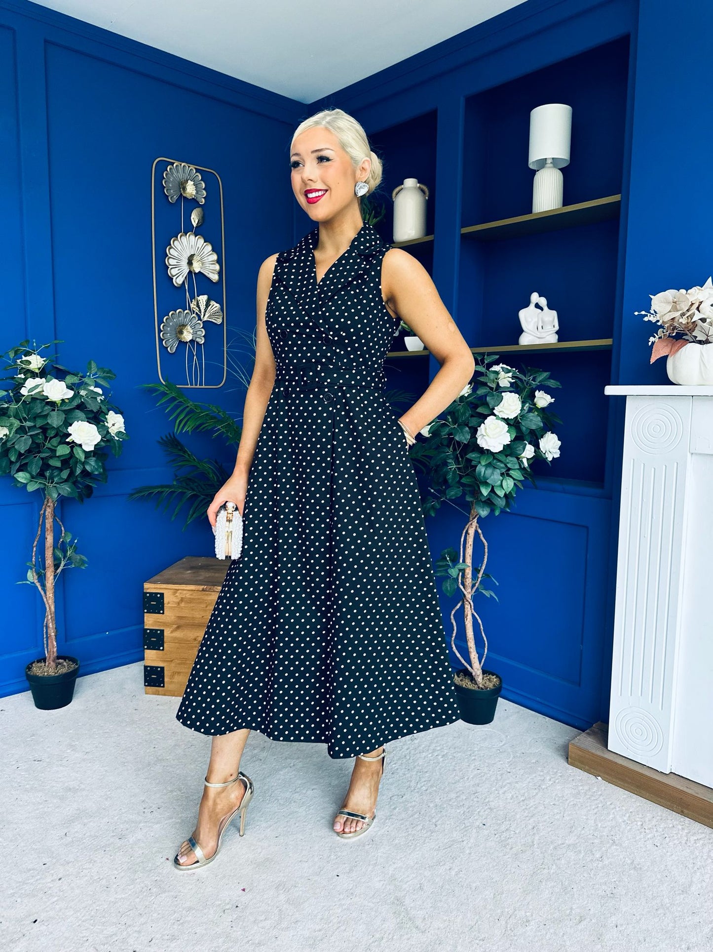 Berkley Belted Midi Dress Polka Black