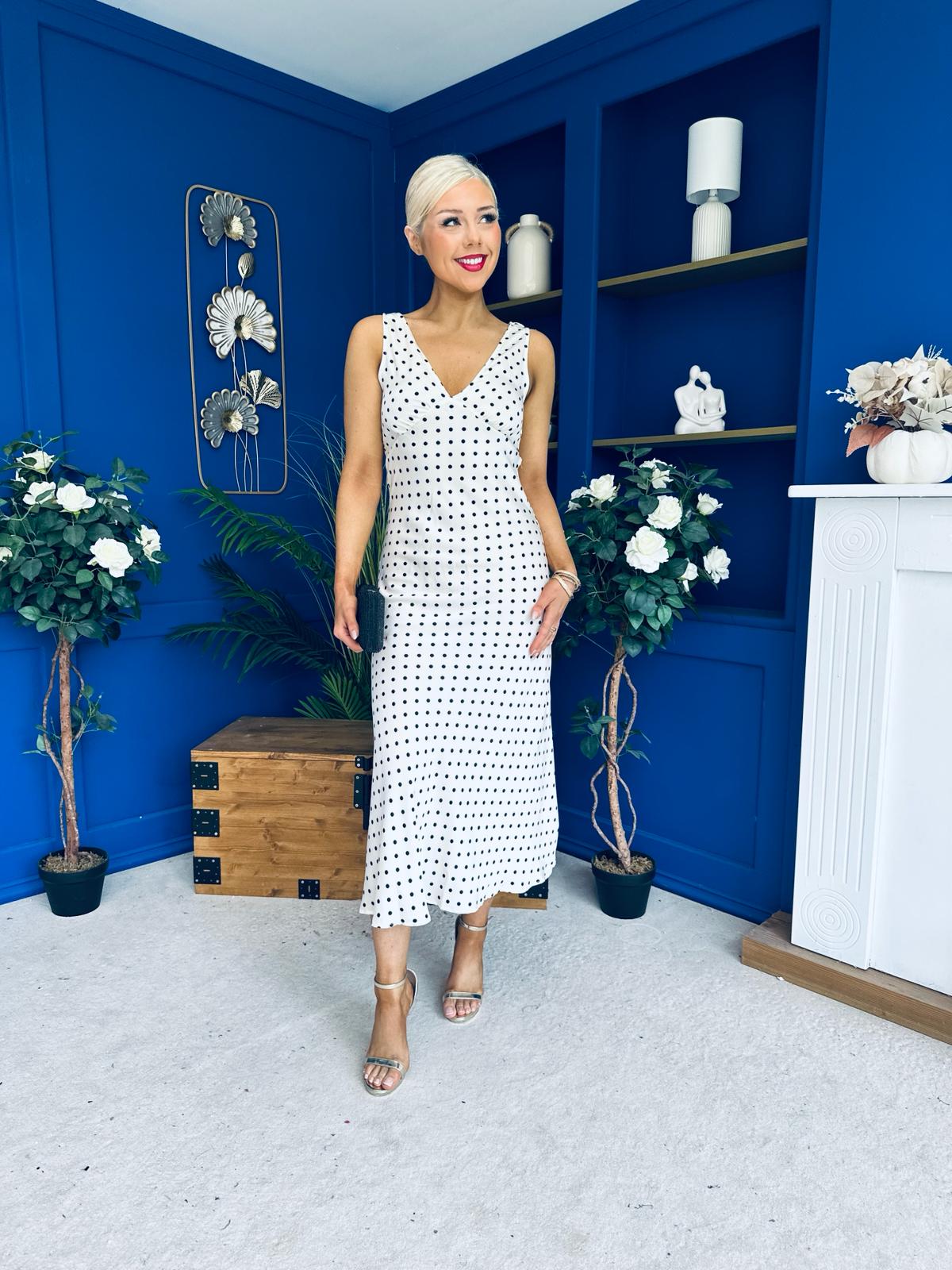 Yanis Sleeveless Slinky Dress Polka Cream