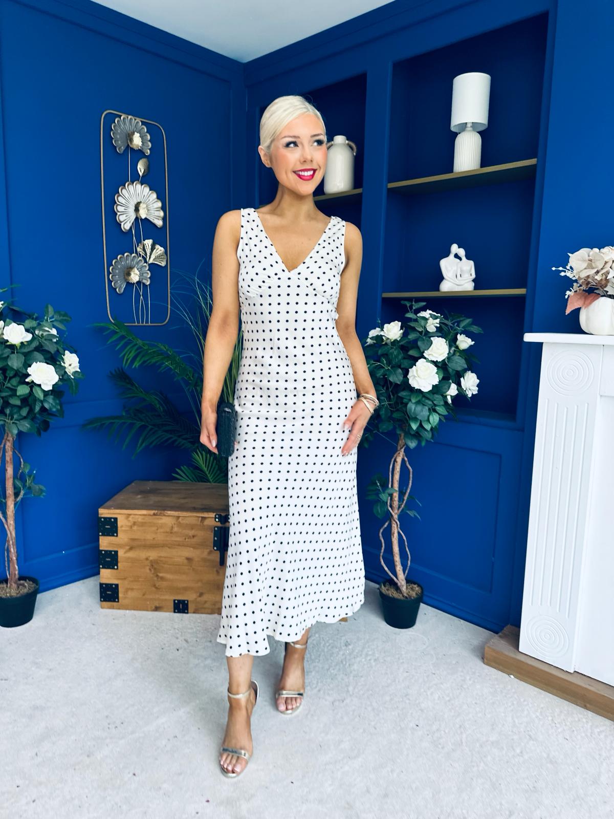 Yanis Sleeveless Slinky Dress Polka Cream