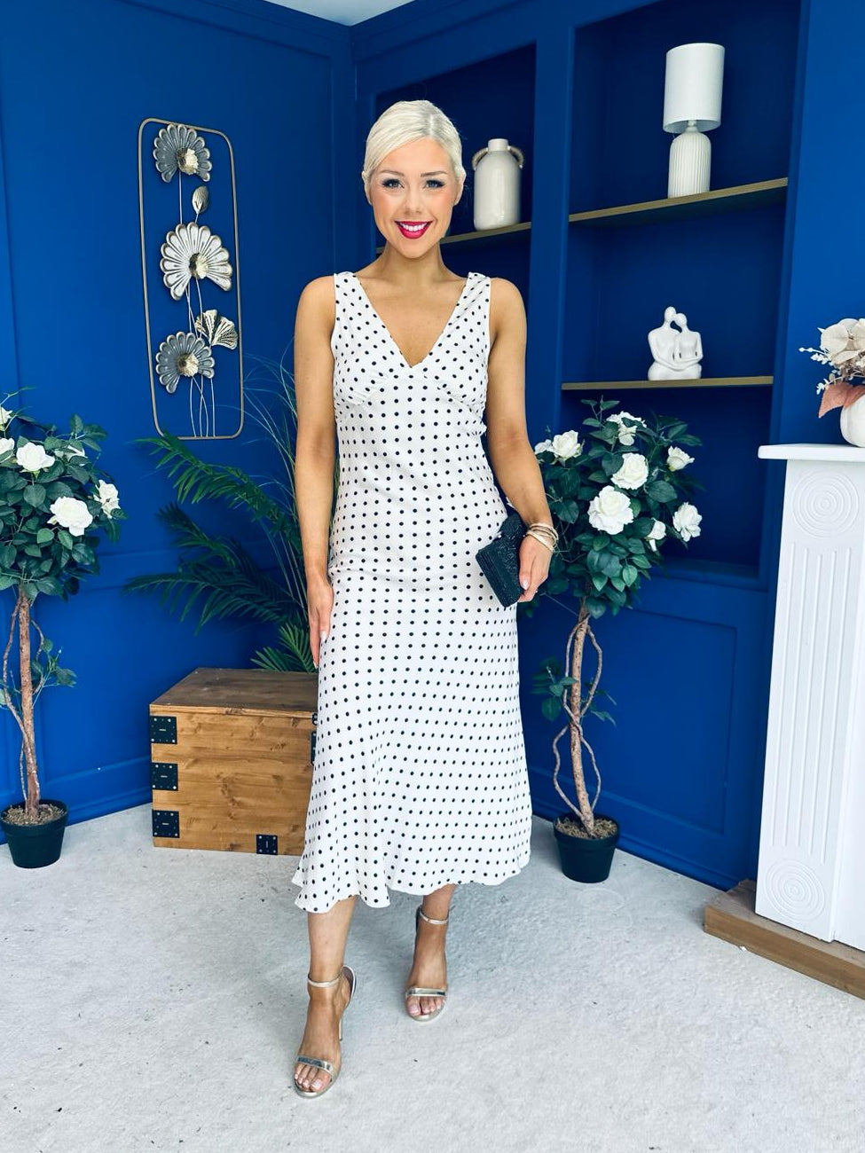 Yanis Sleeveless Slinky Dress Polka Cream