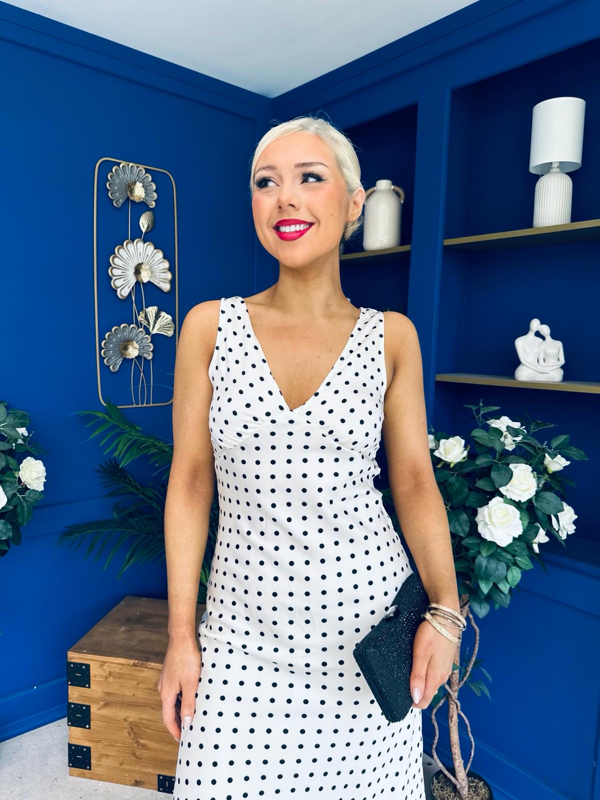 Yanis Sleeveless Slinky Dress Polka Cream