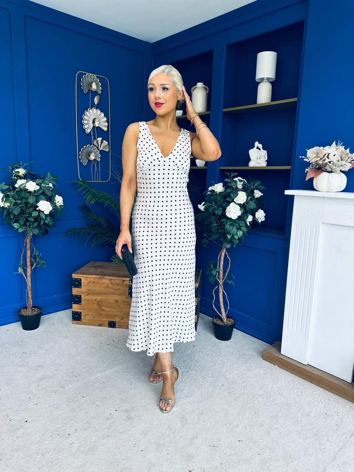 Yanis Sleeveless Slinky Dress Polka Cream
