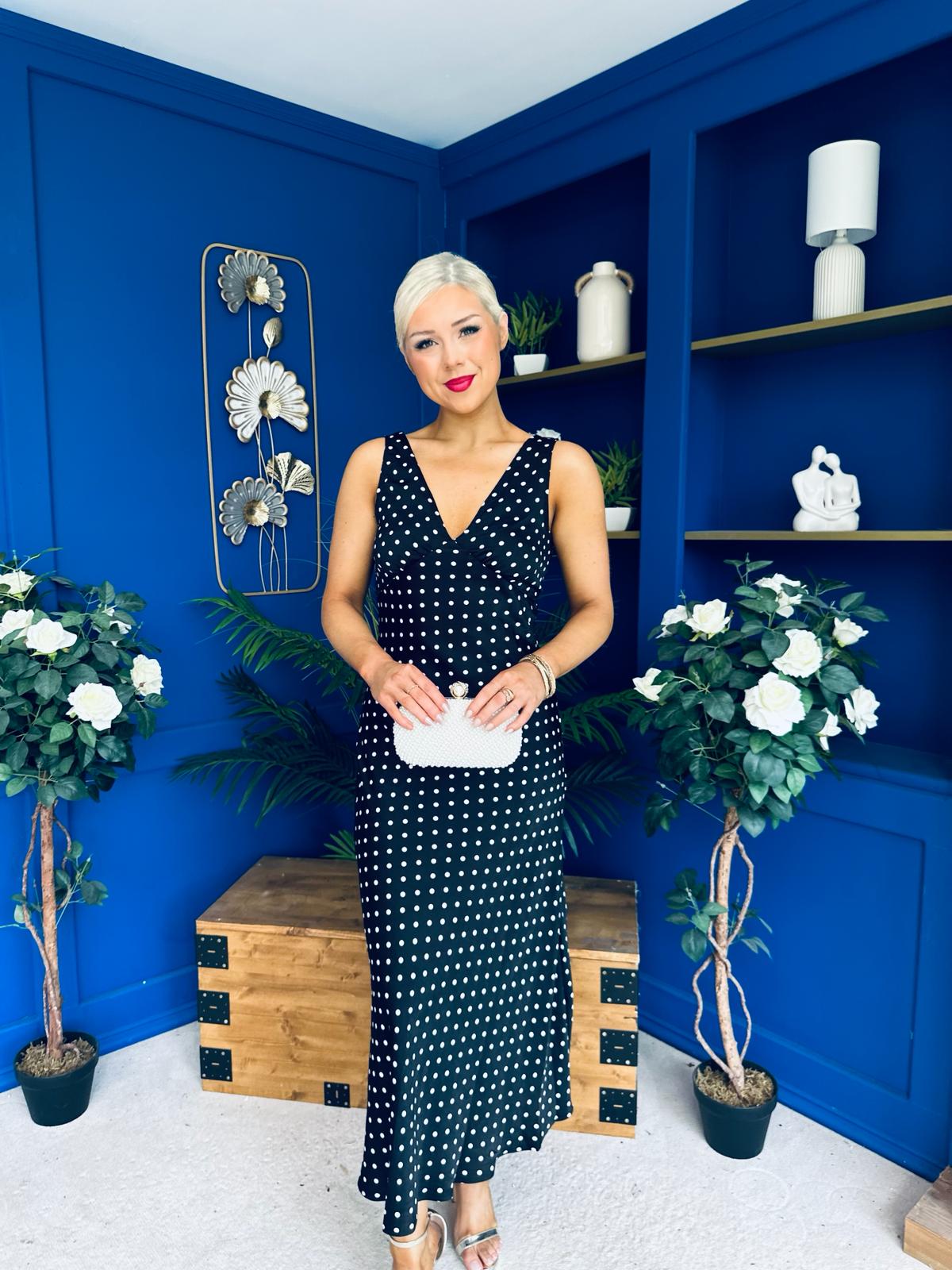 Yanis Sleeveless Slinky Dress Polka Black