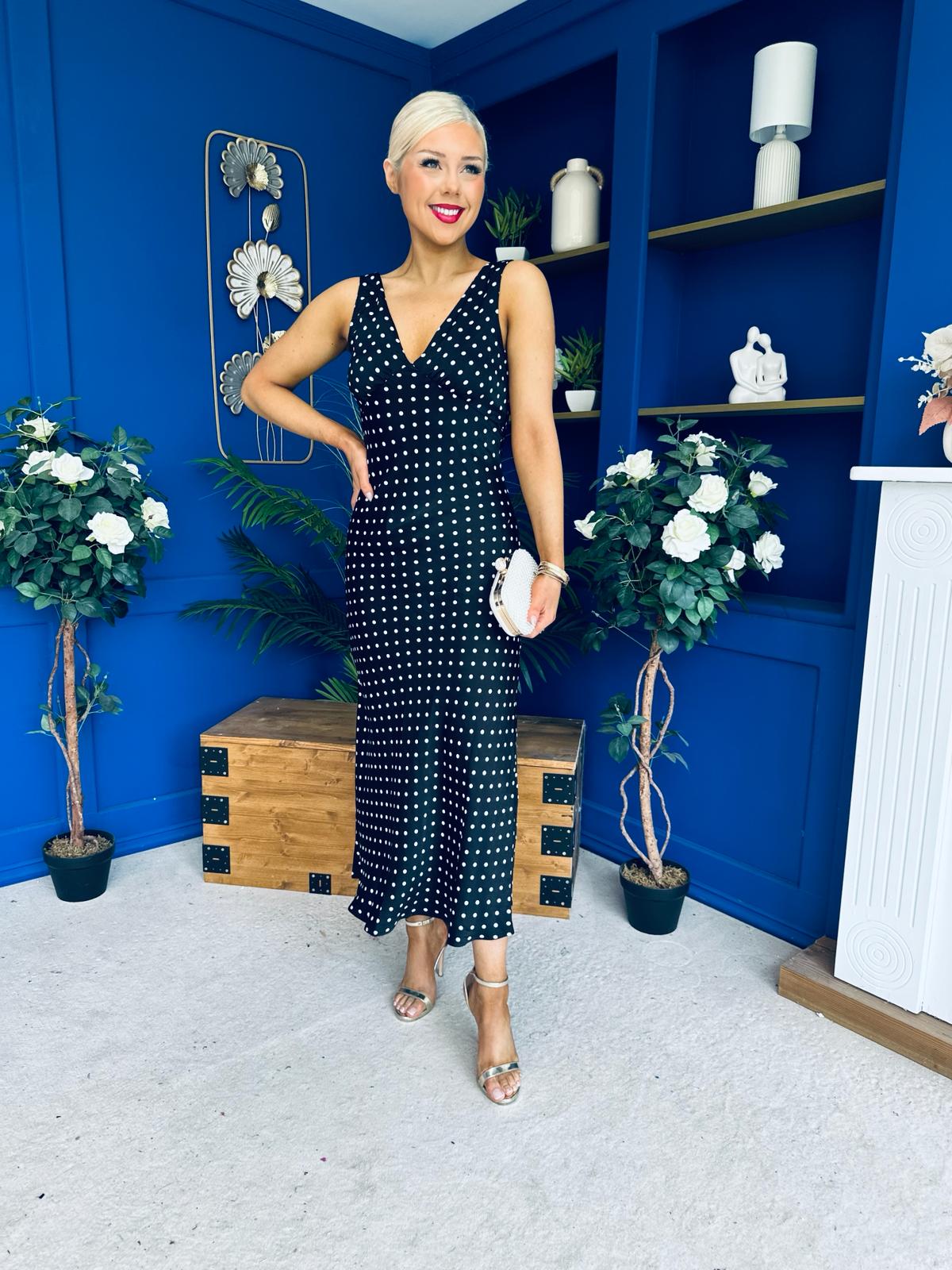 Yanis Sleeveless Slinky Dress Polka Black