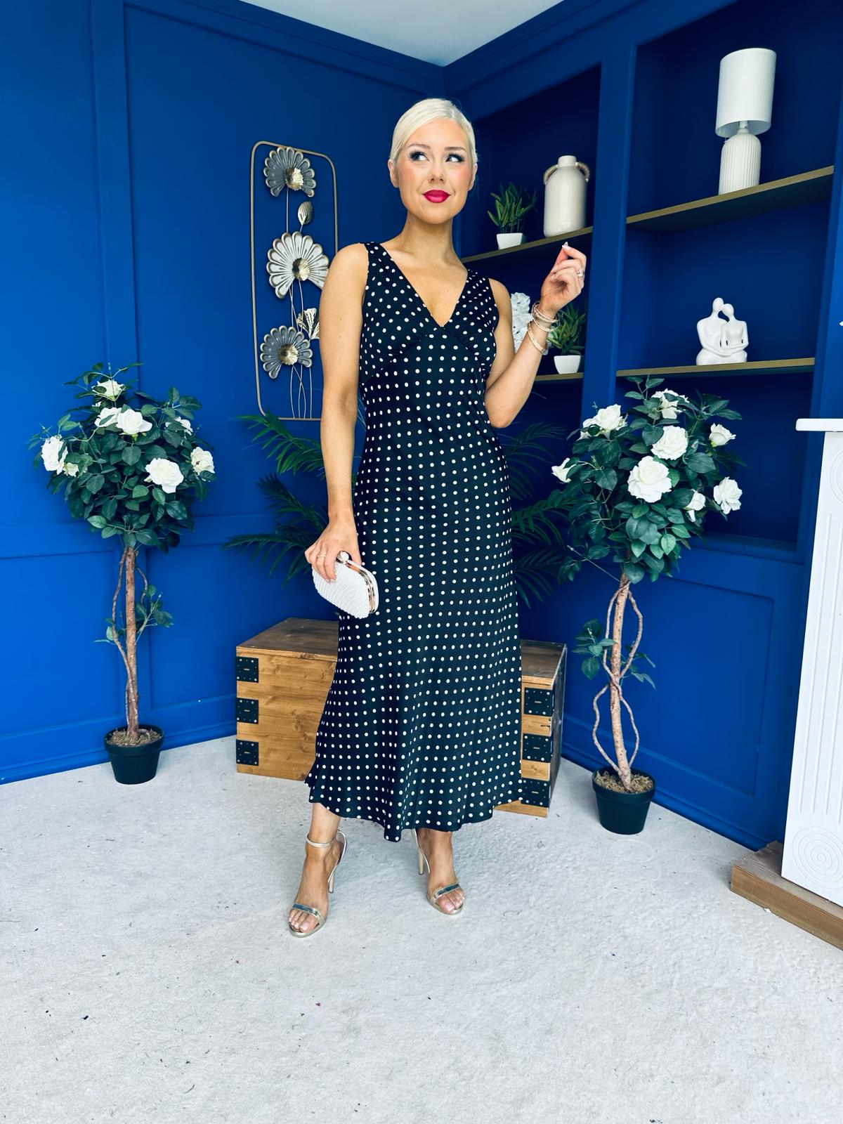 Yanis Sleeveless Slinky Dress Polka Black