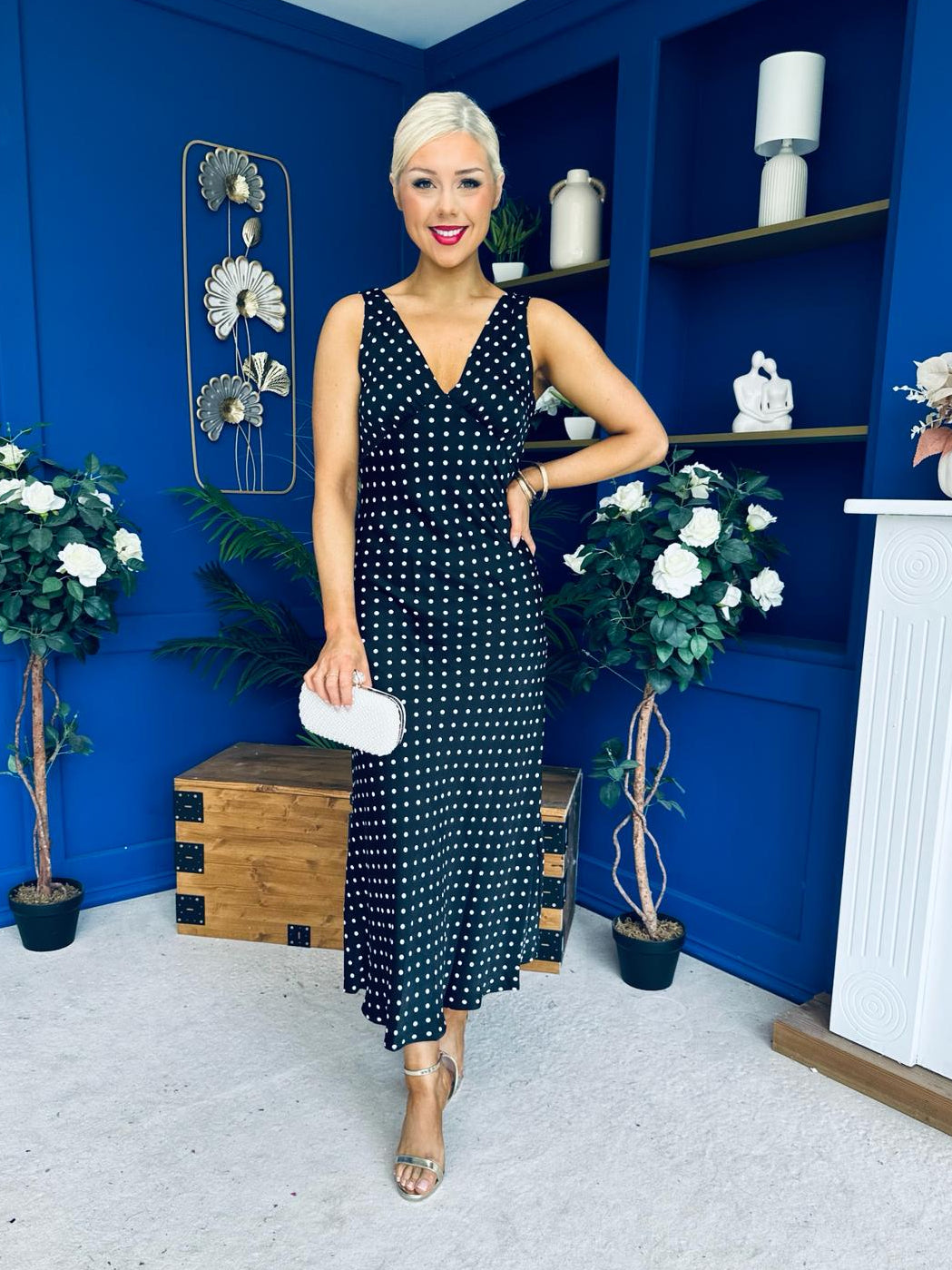 Yanis Sleeveless Slinky Dress Polka Black