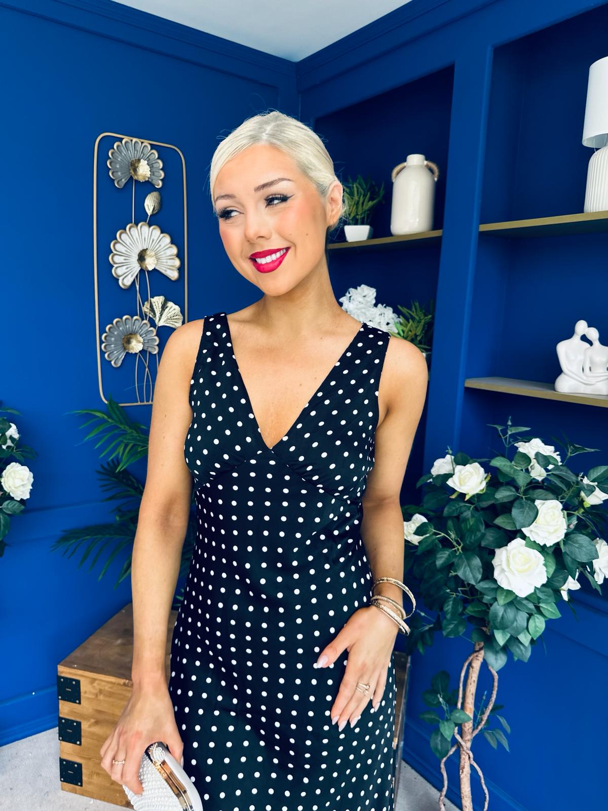 Yanis Sleeveless Slinky Dress Polka Black