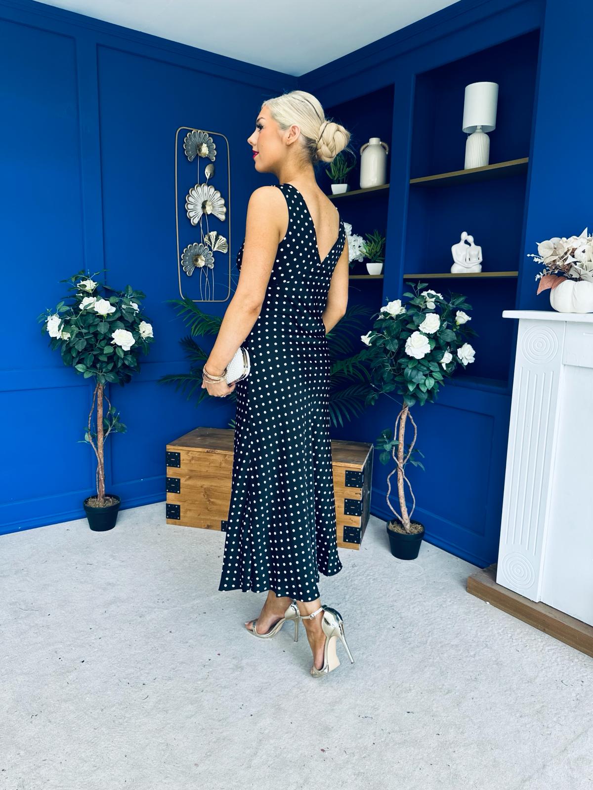 Yanis Sleeveless Slinky Dress Polka Black