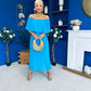Aileen Pleated Bardot Midi Dress Cyan Blue