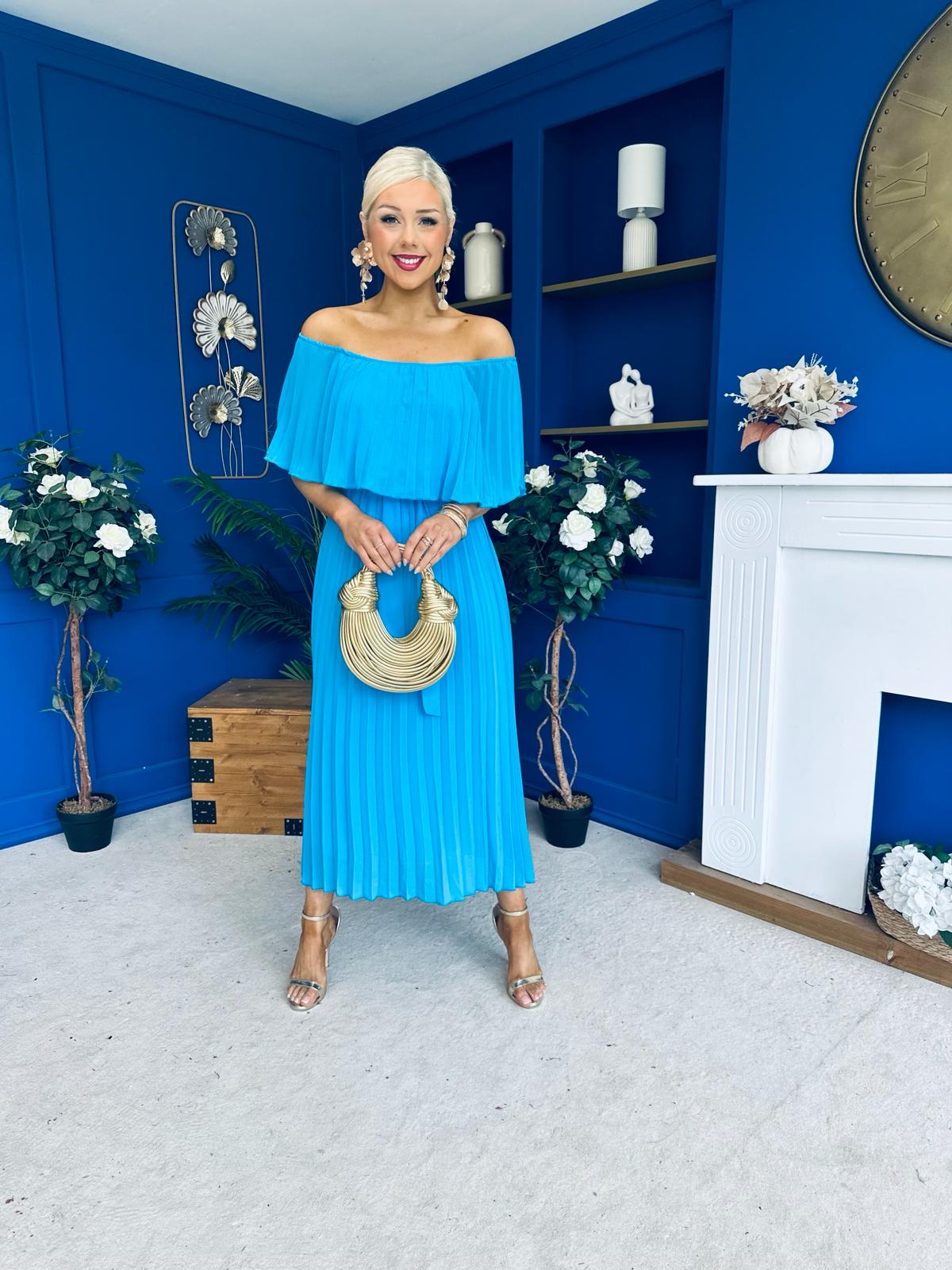 Aileen Pleated Bardot Midi Dress Cyan Blue