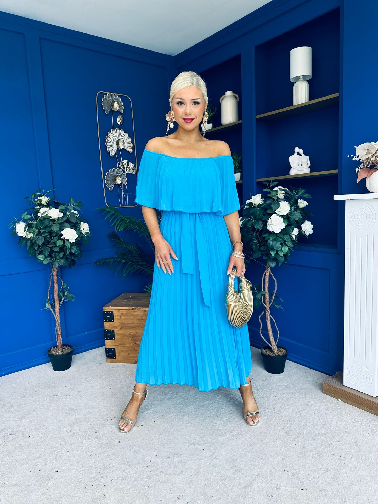 Aileen Pleated Bardot Midi Dress Cyan Blue