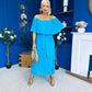 Aileen Pleated Bardot Midi Dress Cyan Blue