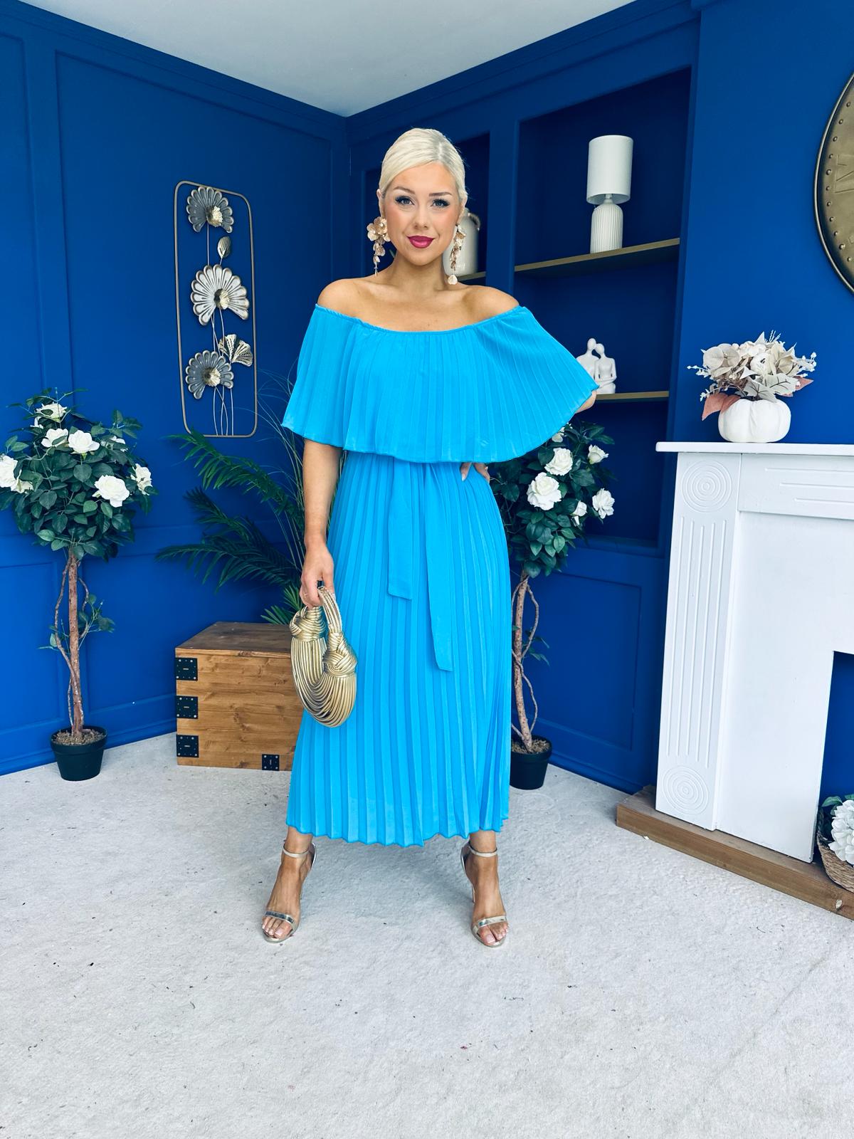 Aileen Pleated Bardot Midi Dress Cyan Blue