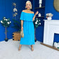 Aileen Pleated Bardot Midi Dress Cyan Blue