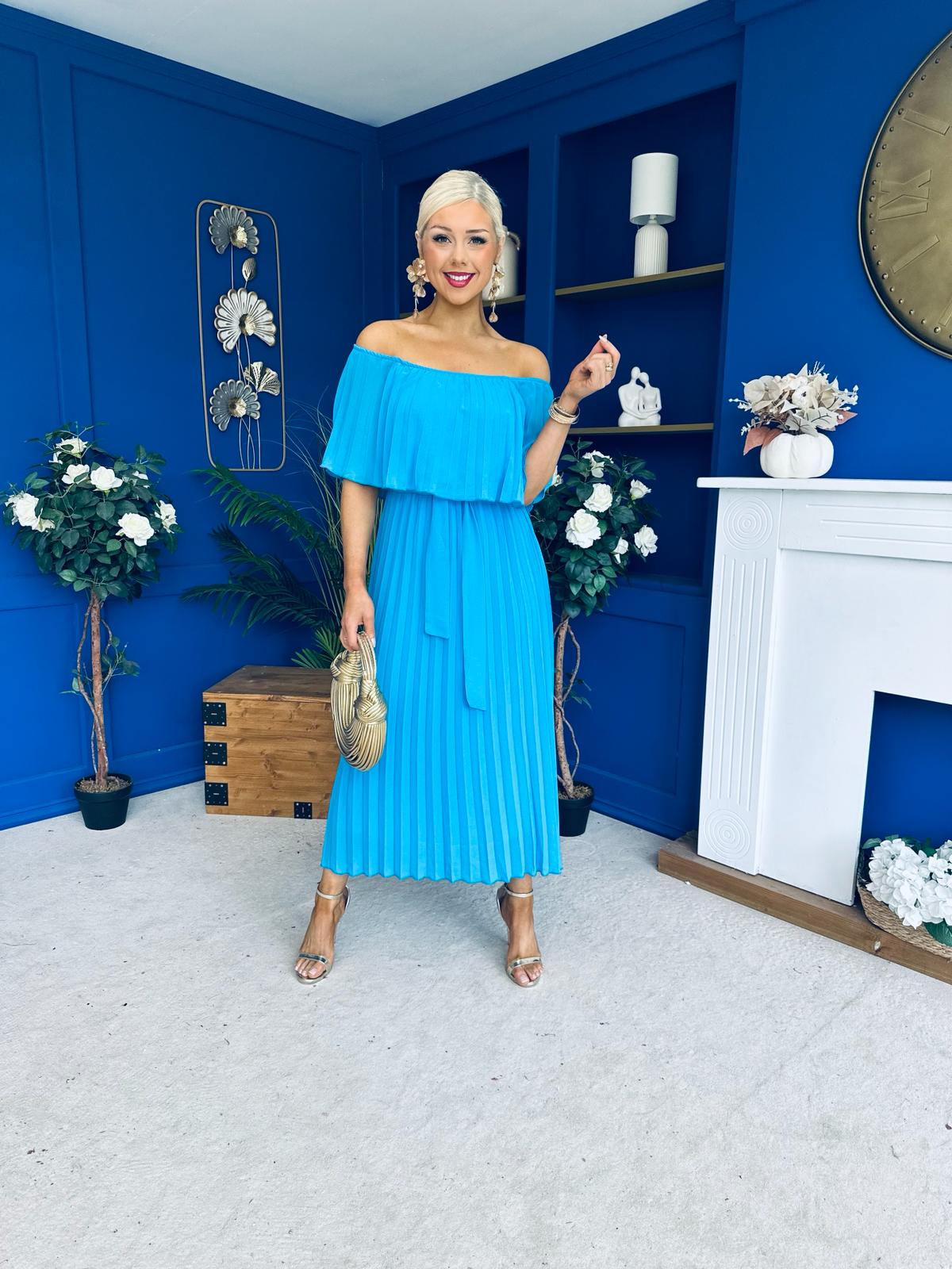 Aileen Pleated Bardot Midi Dress Cyan Blue