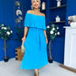 Aileen Pleated Bardot Midi Dress Cyan Blue
