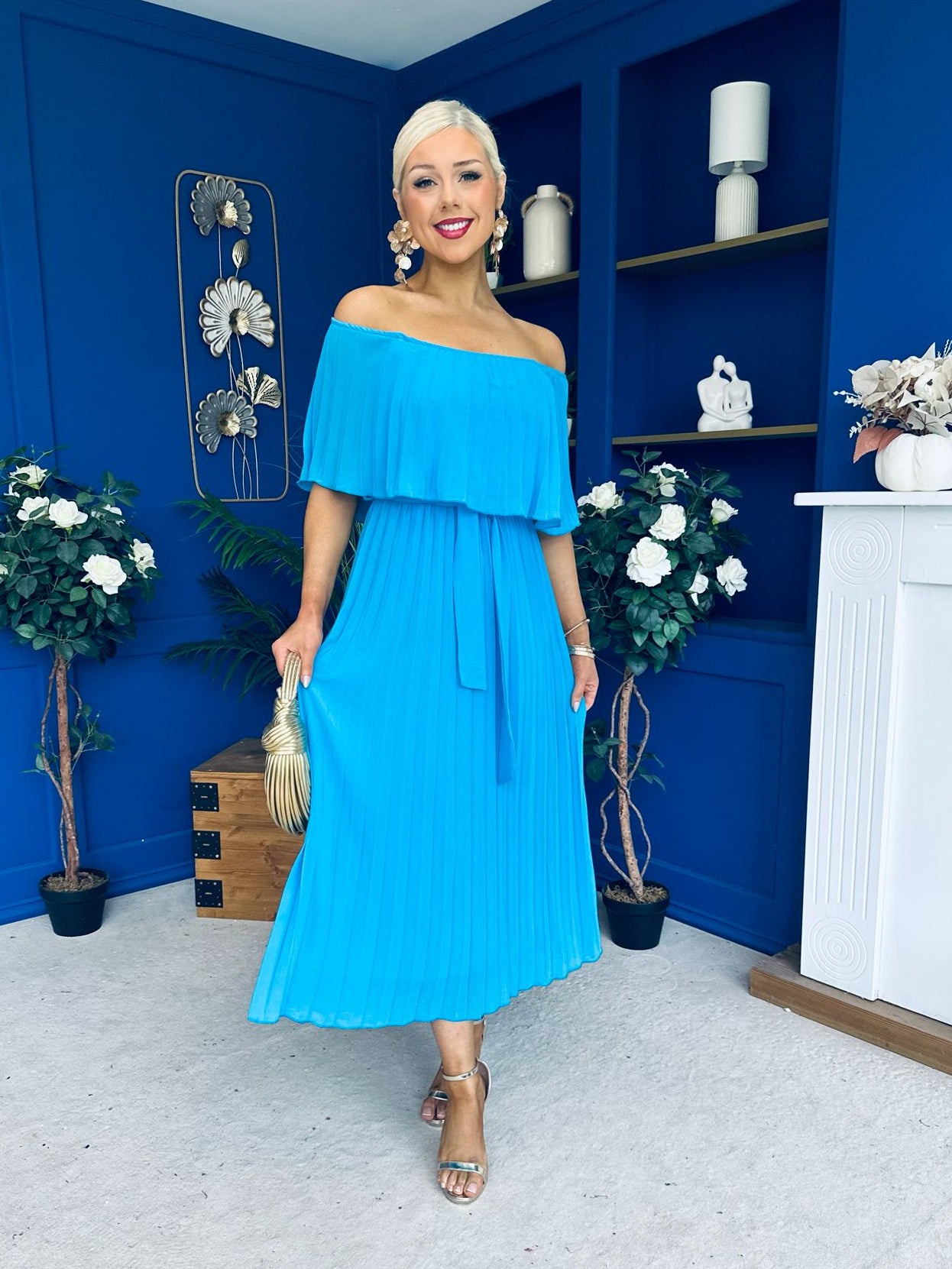 Aileen Pleated Bardot Midi Dress Cyan Blue