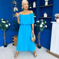 Aileen Pleated Bardot Midi Dress Cyan Blue
