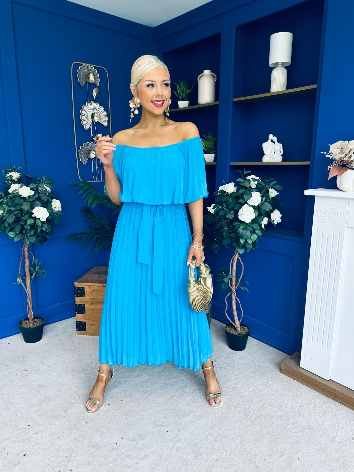 Aileen Pleated Bardot Midi Dress Cyan Blue