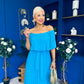 Aileen Pleated Bardot Midi Dress Cyan Blue