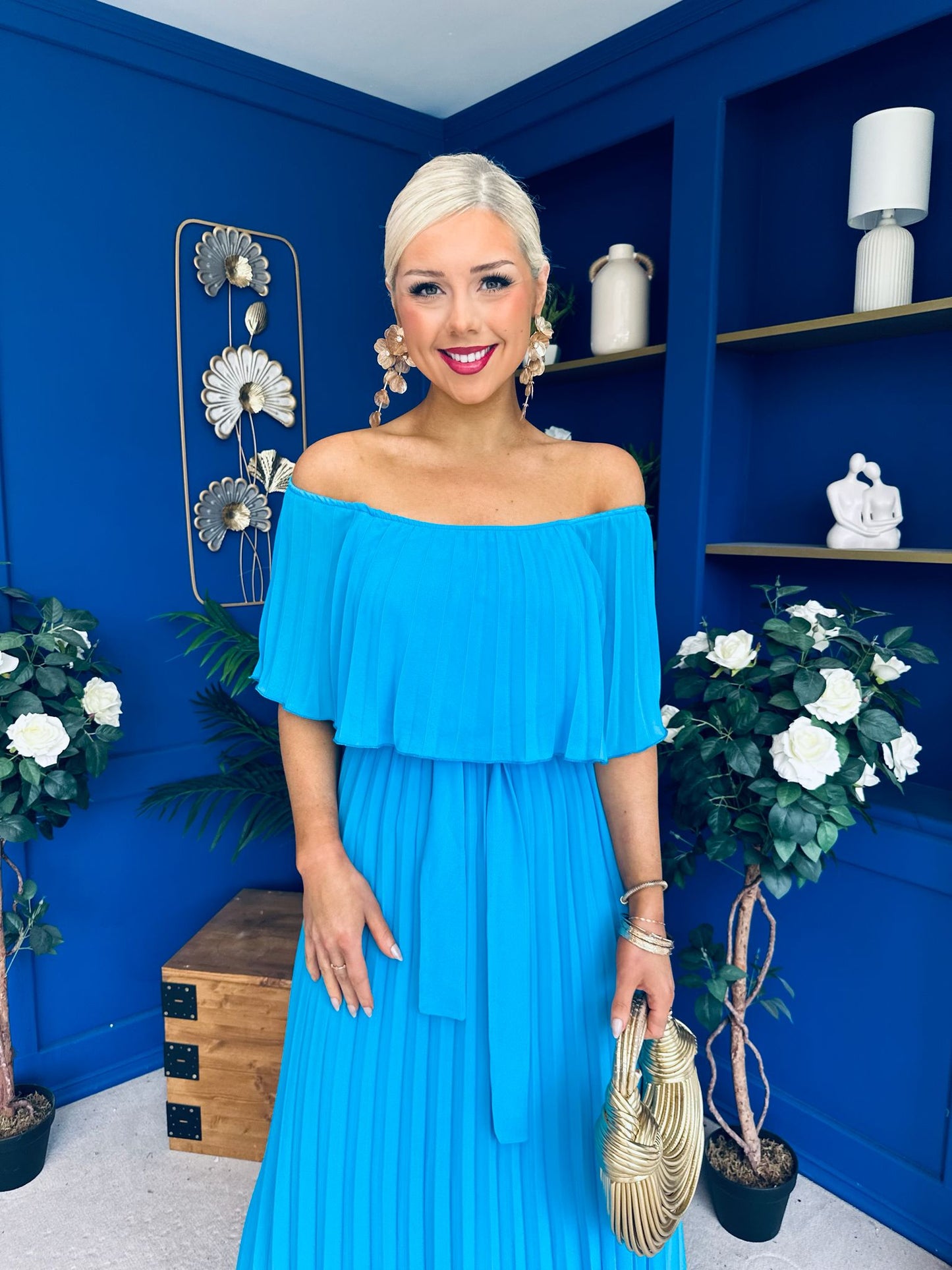Aileen Pleated Bardot Midi Dress Cyan Blue