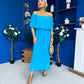 Aileen Pleated Bardot Midi Dress Cyan Blue