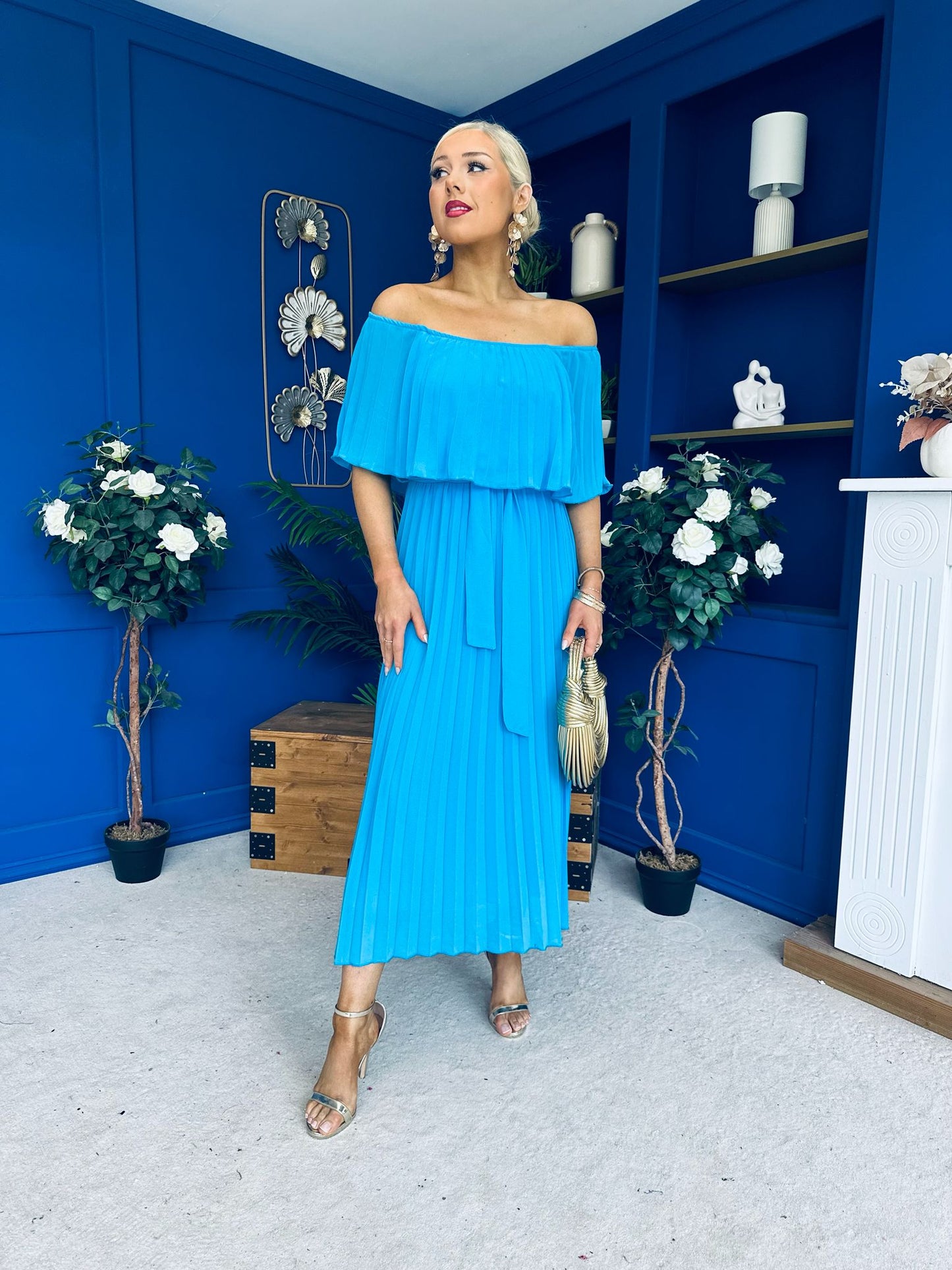 Aileen Pleated Bardot Midi Dress Cyan Blue