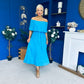Aileen Pleated Bardot Midi Dress Cyan Blue