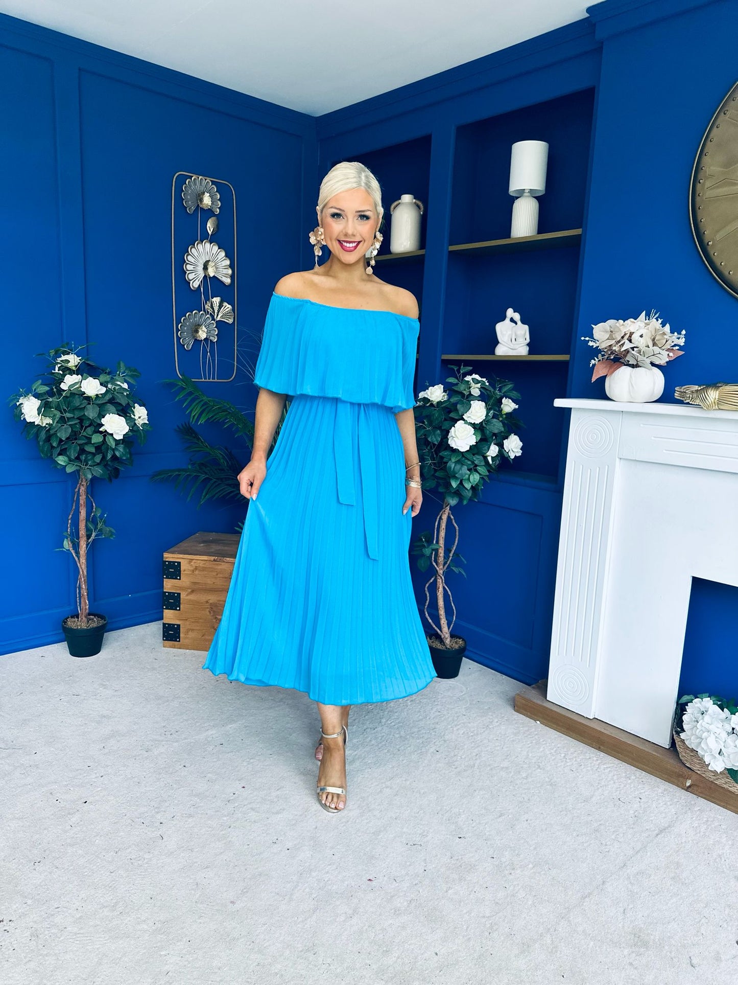 Aileen Pleated Bardot Midi Dress Cyan Blue