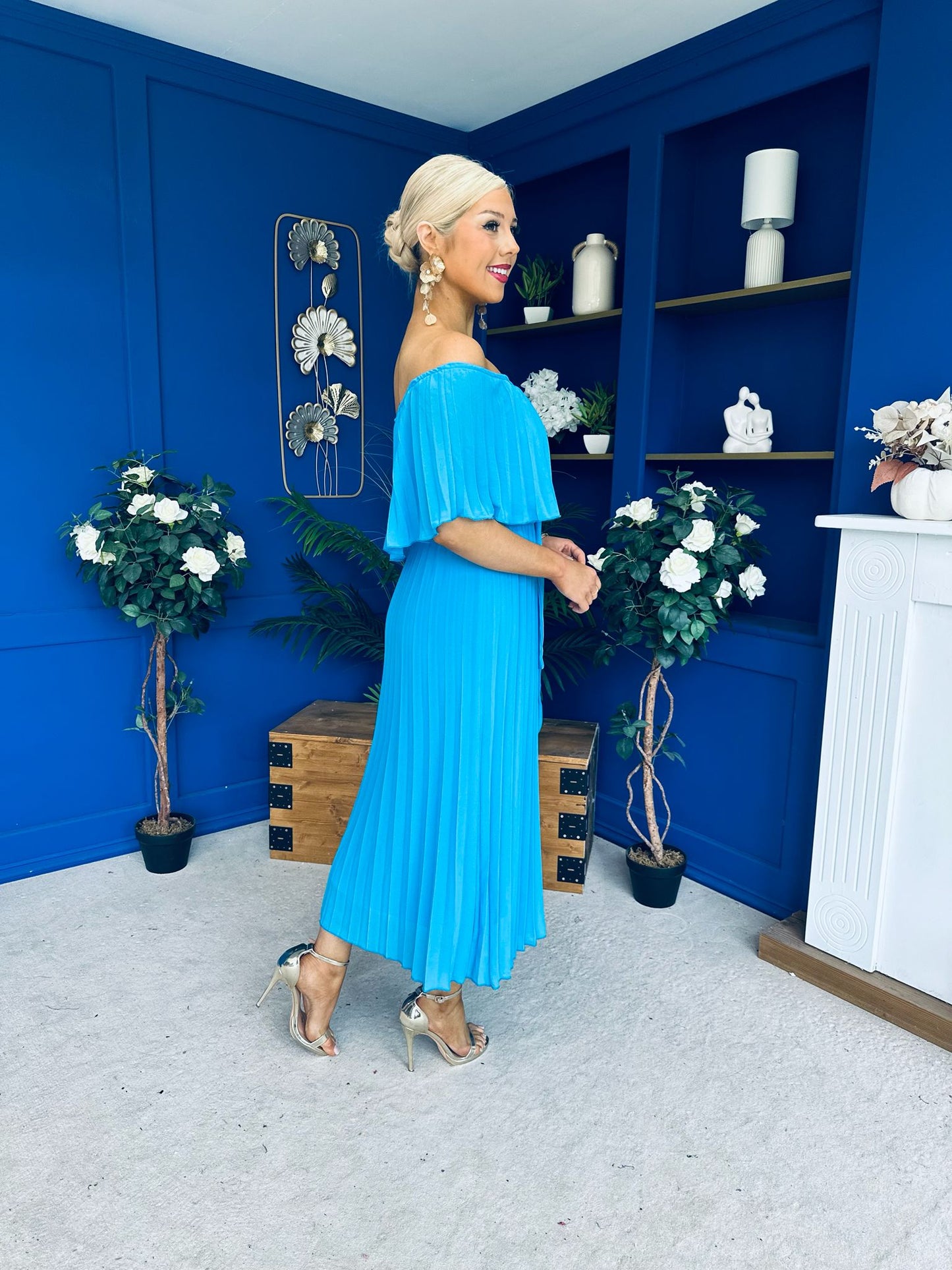 Aileen Pleated Bardot Midi Dress Cyan Blue