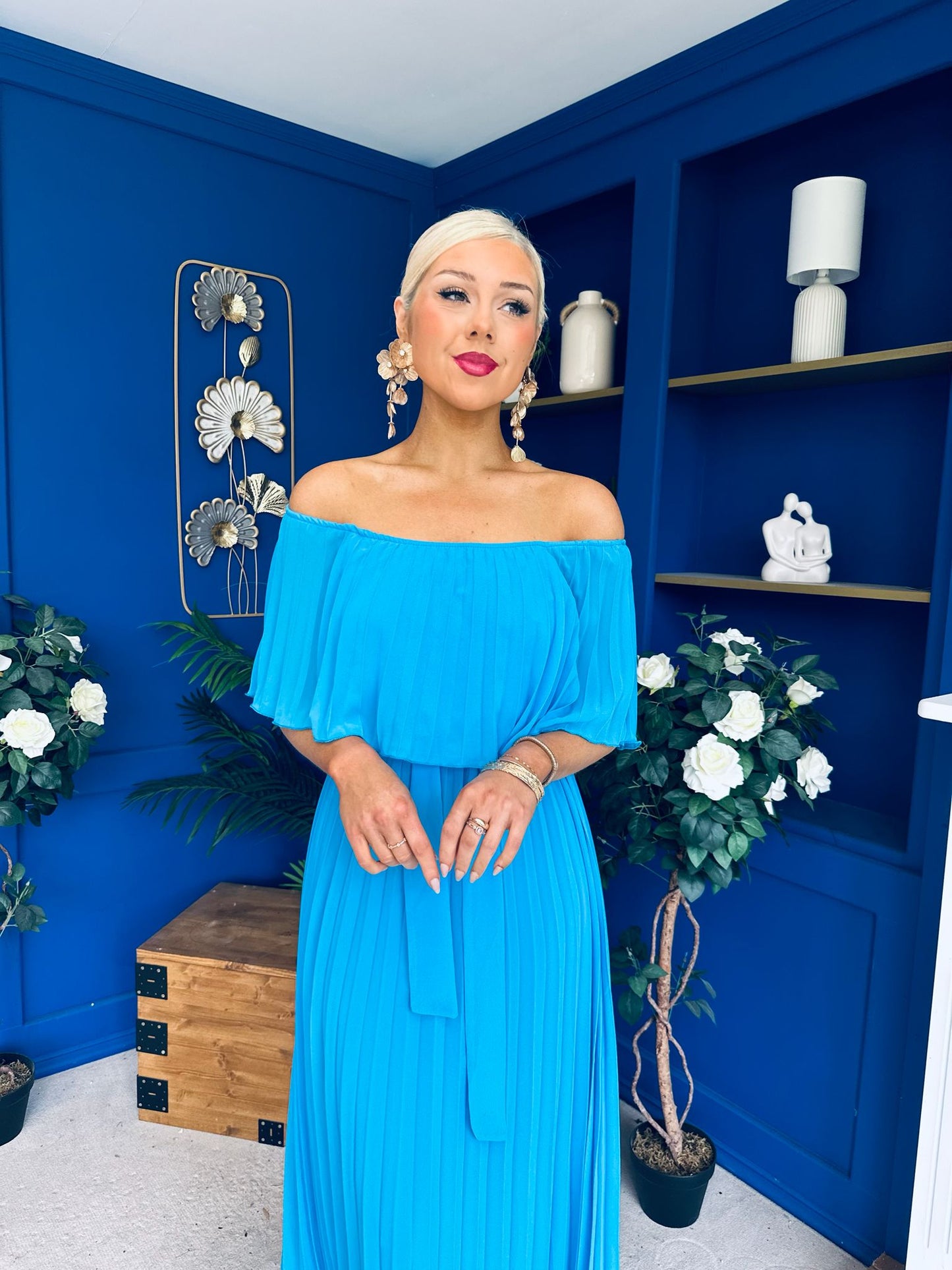 Aileen Pleated Bardot Midi Dress Cyan Blue
