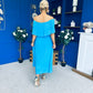 Aileen Pleated Bardot Midi Dress Cyan Blue