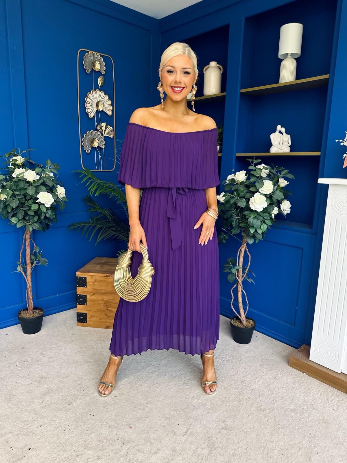 Aileen Pleated Bardot Midi Dress Violet