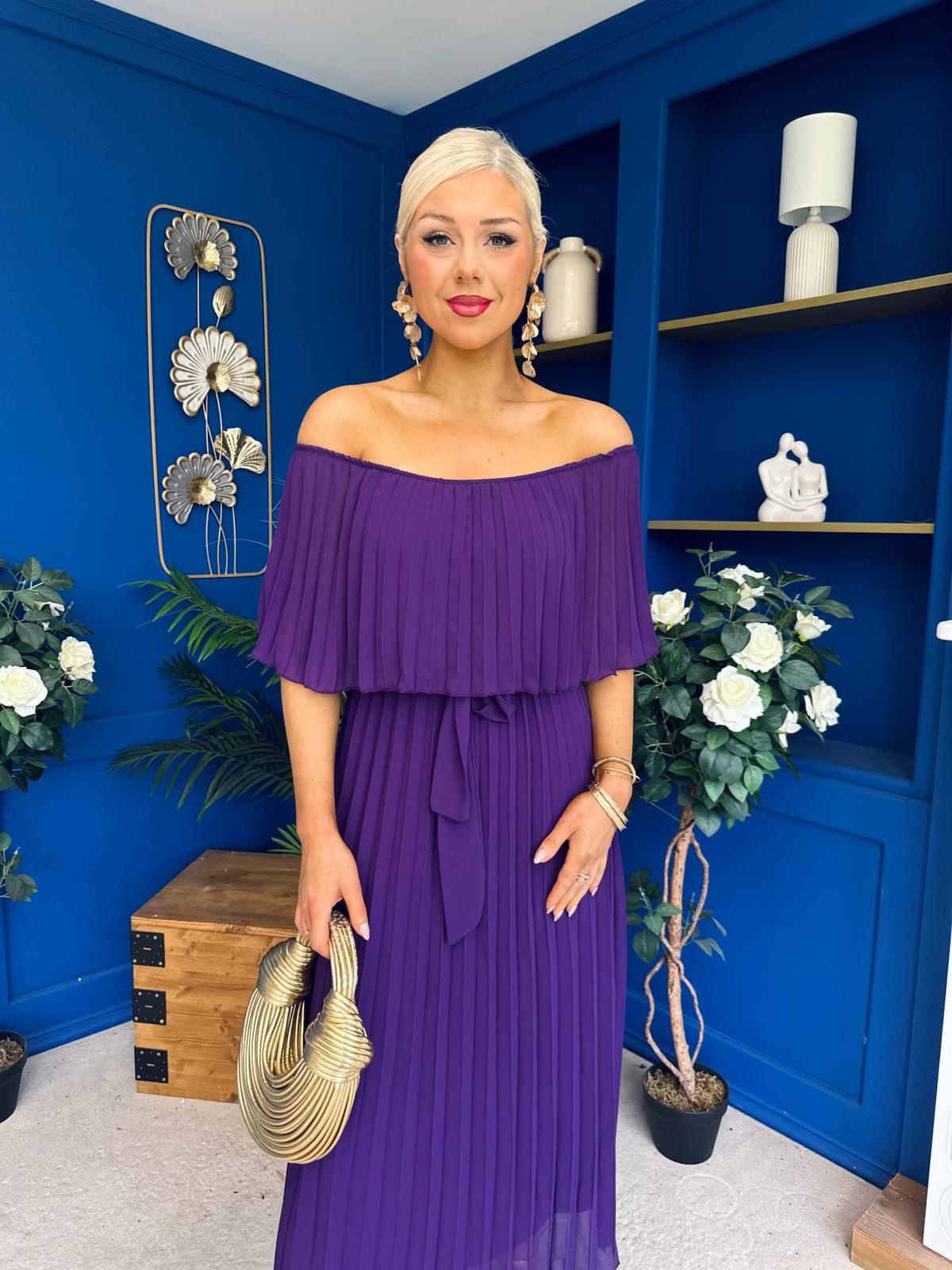 Aileen Pleated Bardot Midi Dress Violet