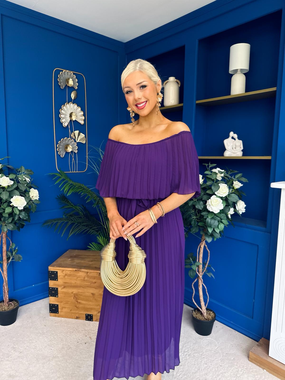 Aileen Pleated Bardot Midi Dress Violet