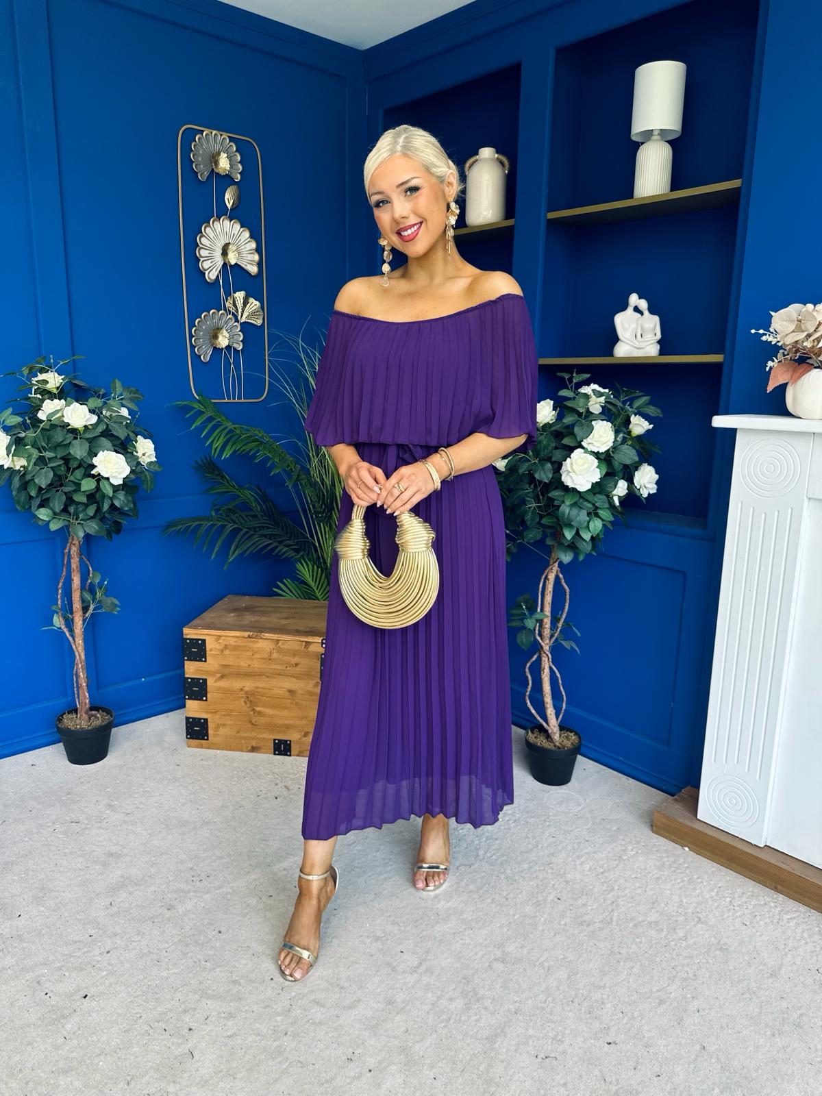 Aileen Pleated Bardot Midi Dress Violet